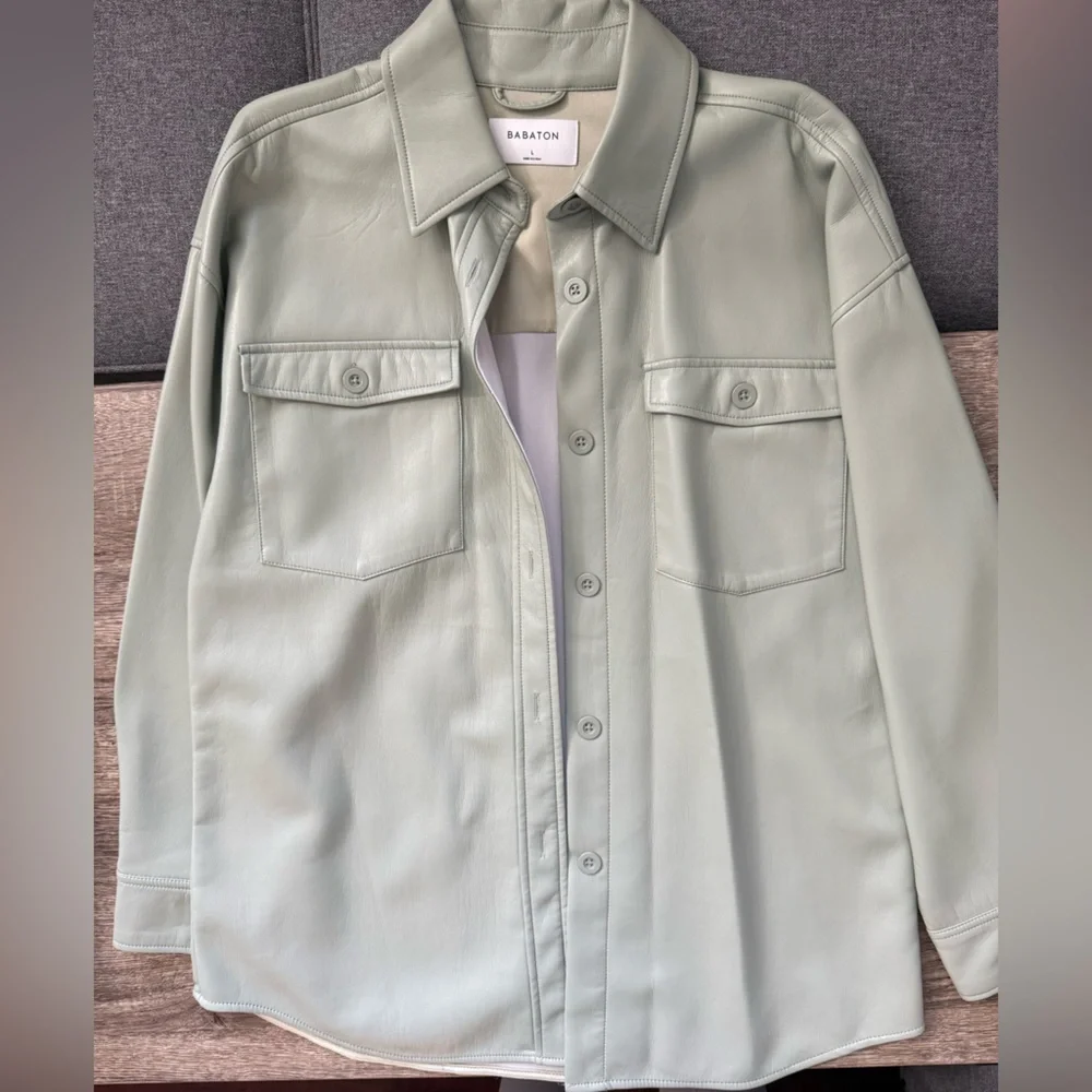 Aritzia Babaton Sage Green Faux Leather Shirt - Picture 1 of 7